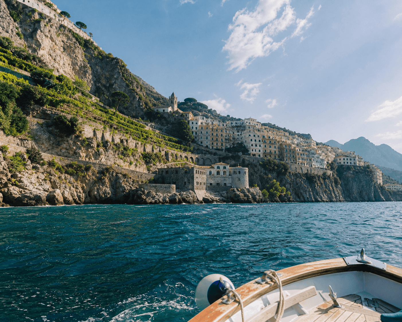 The Amalfi Coast rises over deep blue Mediterranean water