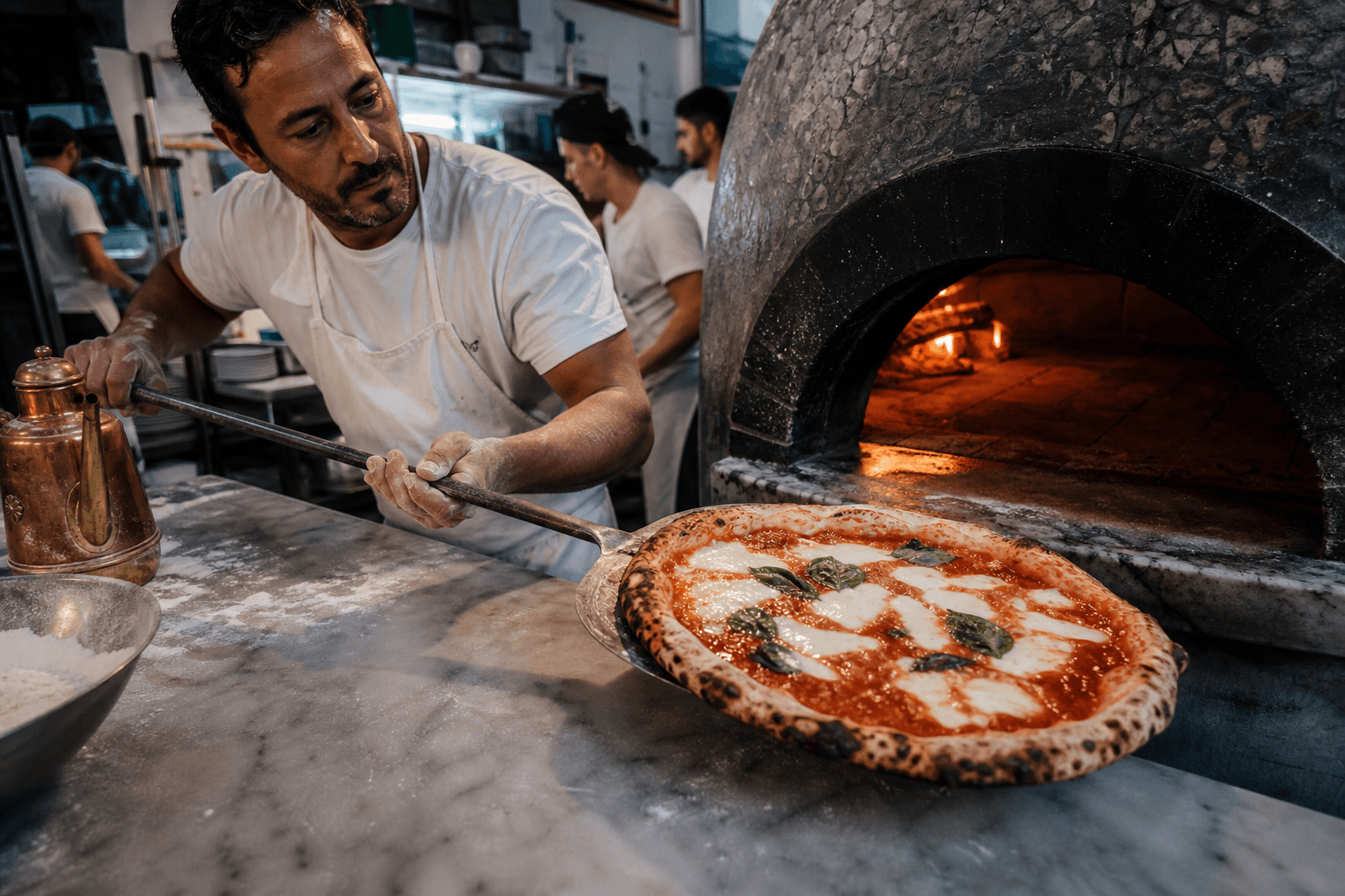 A pizzaiolo works beside a glowing wood-fired oven in Naples